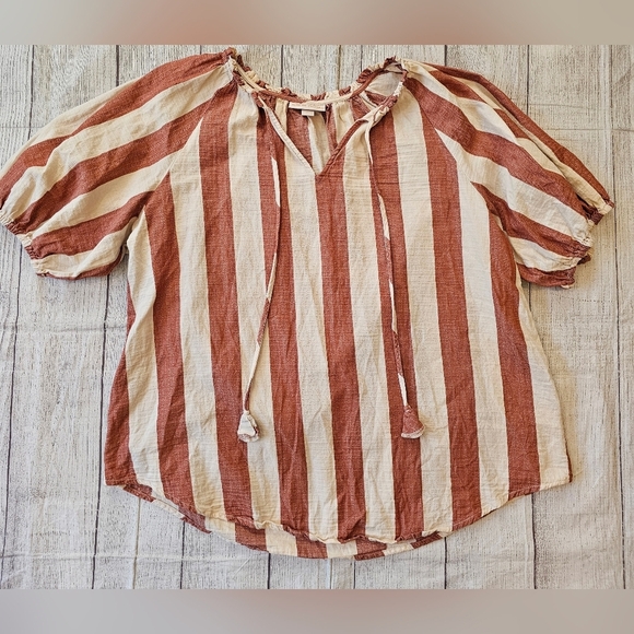 Knox Rose Size Medium Striped Puff Half Sleeve Boho Blouse Red Cream Cotton - Picture 2 of 6